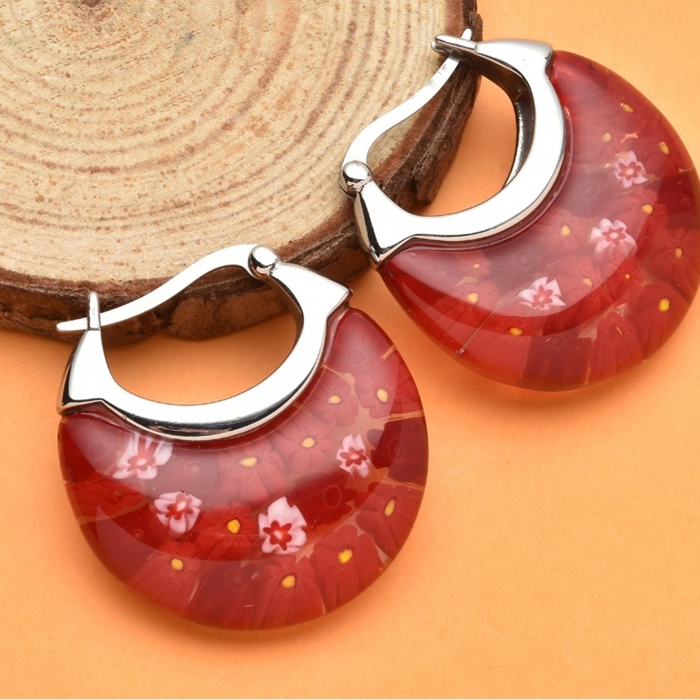 Murano millefiori designed glass FLOWER EARRINGS (large but not heavy!) - Picture 7 of 12